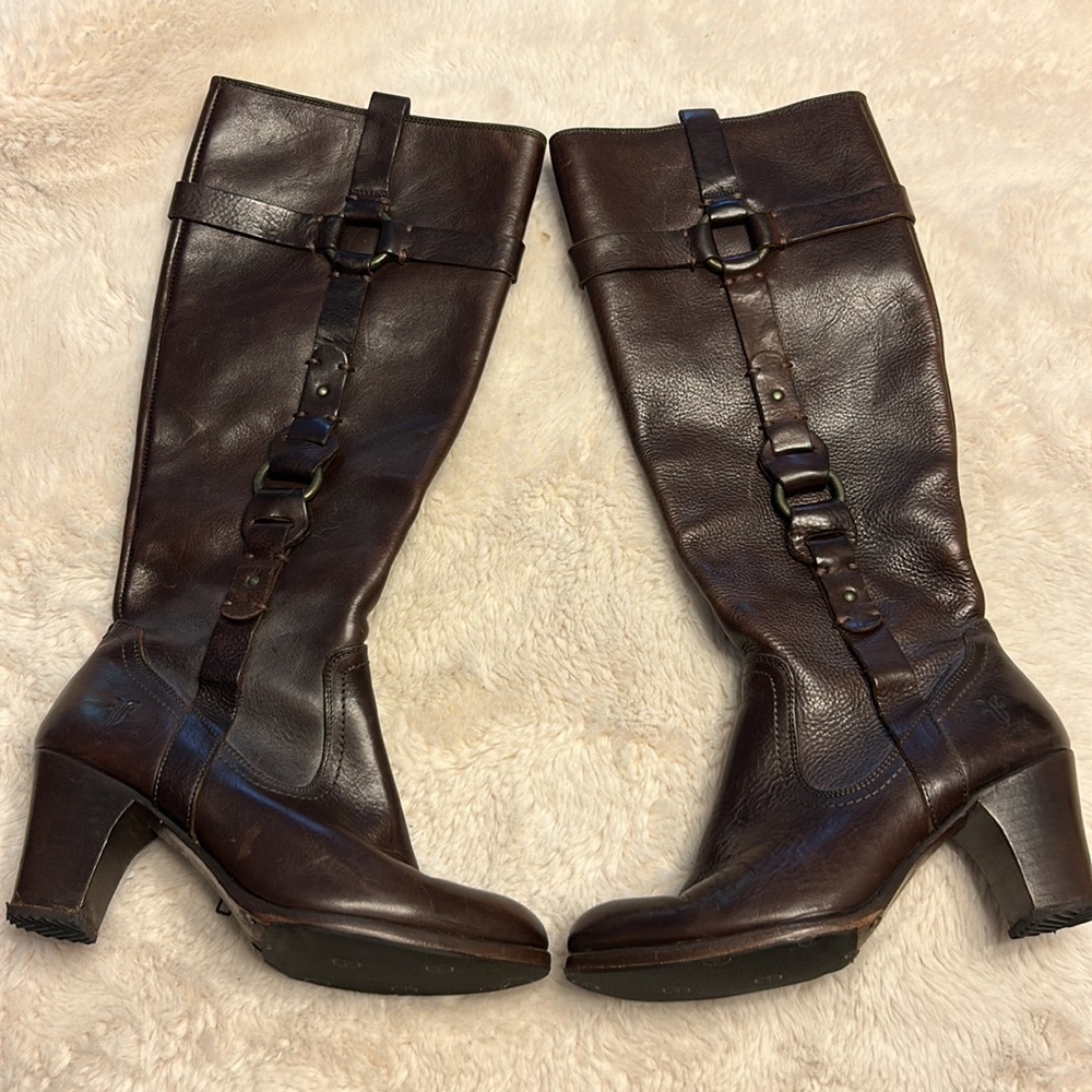 Pre-loved Frye Brown Heeled Boots with Decorative Buckles
